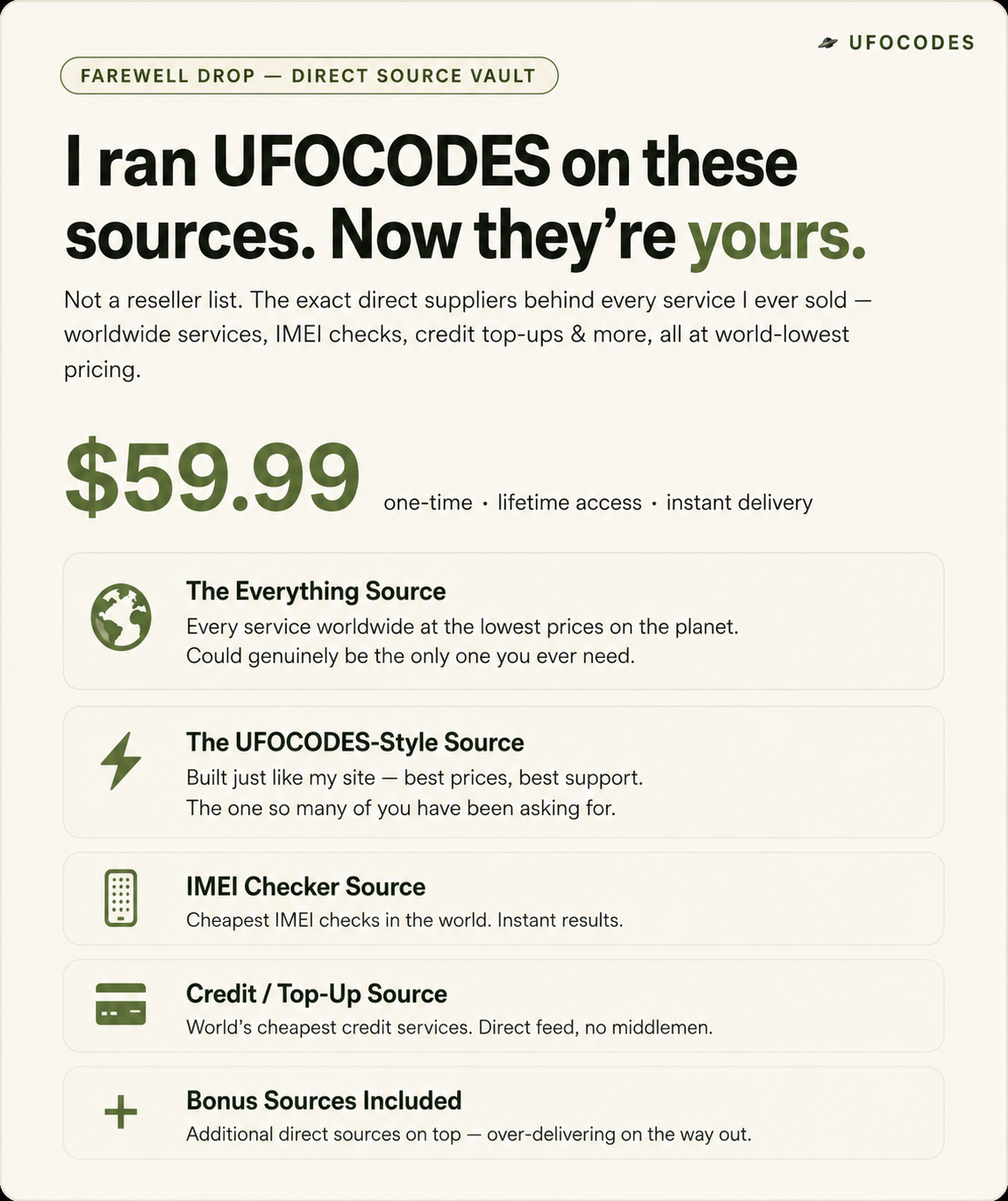 UFOCODES Source Vault — Direct Supplier Access
